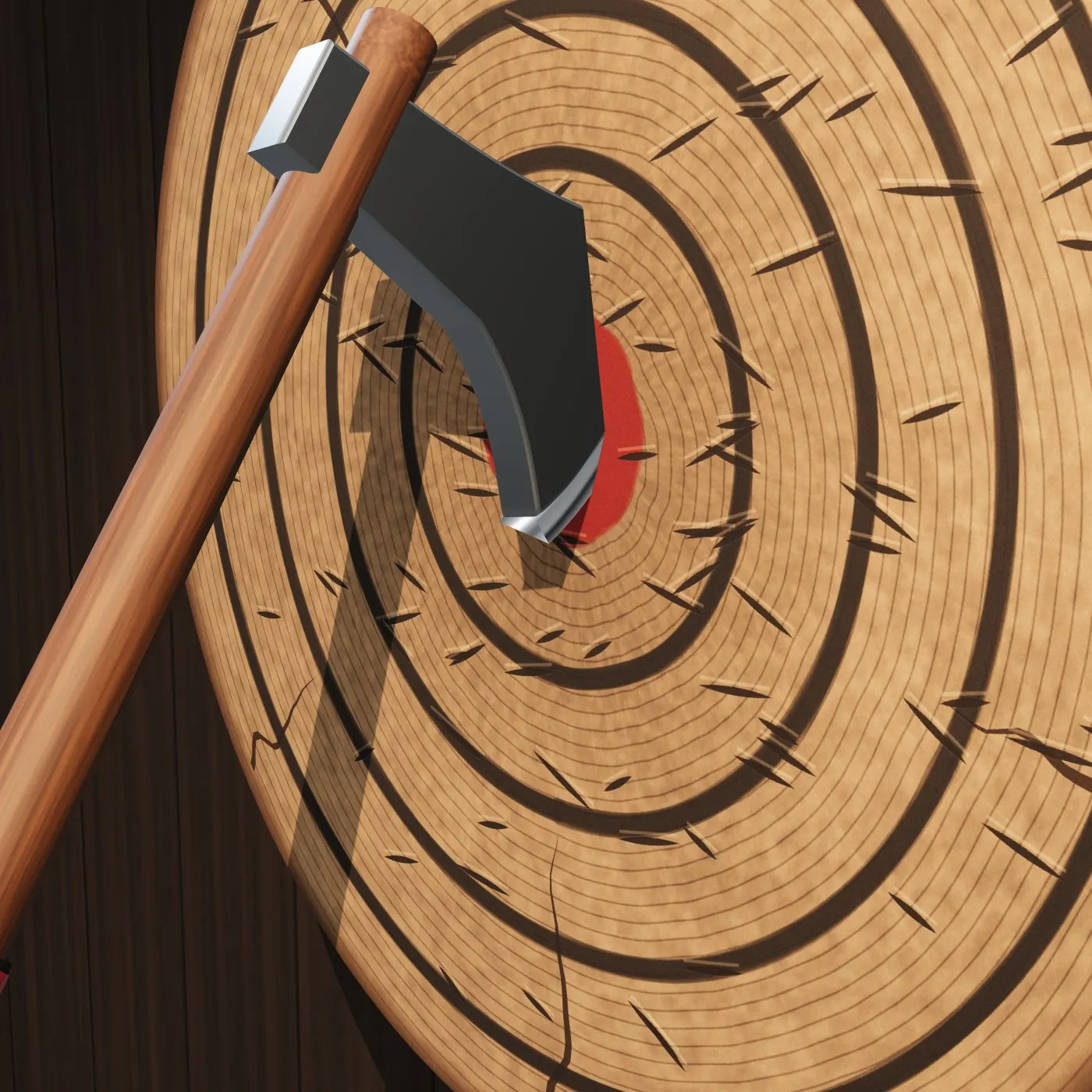 Detalle del filo de un hacha clavado en la madera
